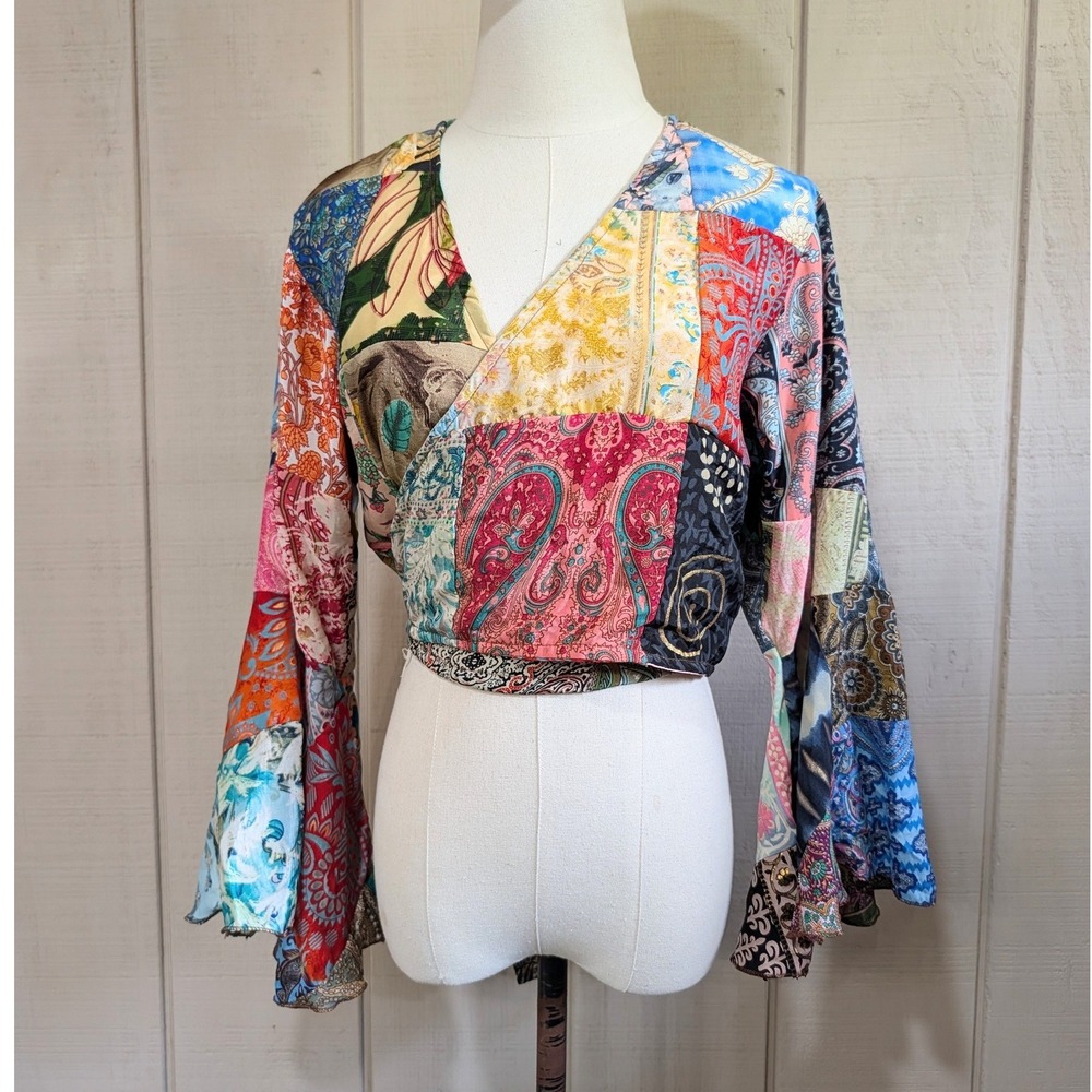 Earthbound Patchwork Boho Wrap Top Bell Sleeve Multi Color S Eclectic